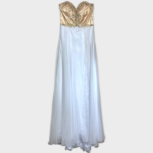 Cassandra Stone Beaded Embellished Prom Dress Gown 4 Thigh Slit Strapless Gold - Picture 1 of 11